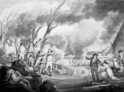 Batalla de Lexington, 19 de abril de 1775, grabado por Cornelius Tiebout (c.1773-1832) de American School